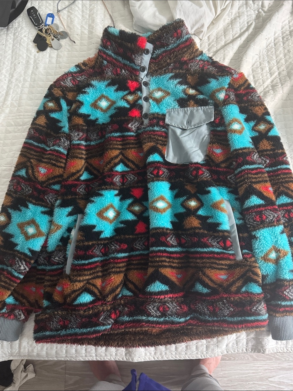 Aztec Print Fleece Pullover Jacket - Turquoise & Brown